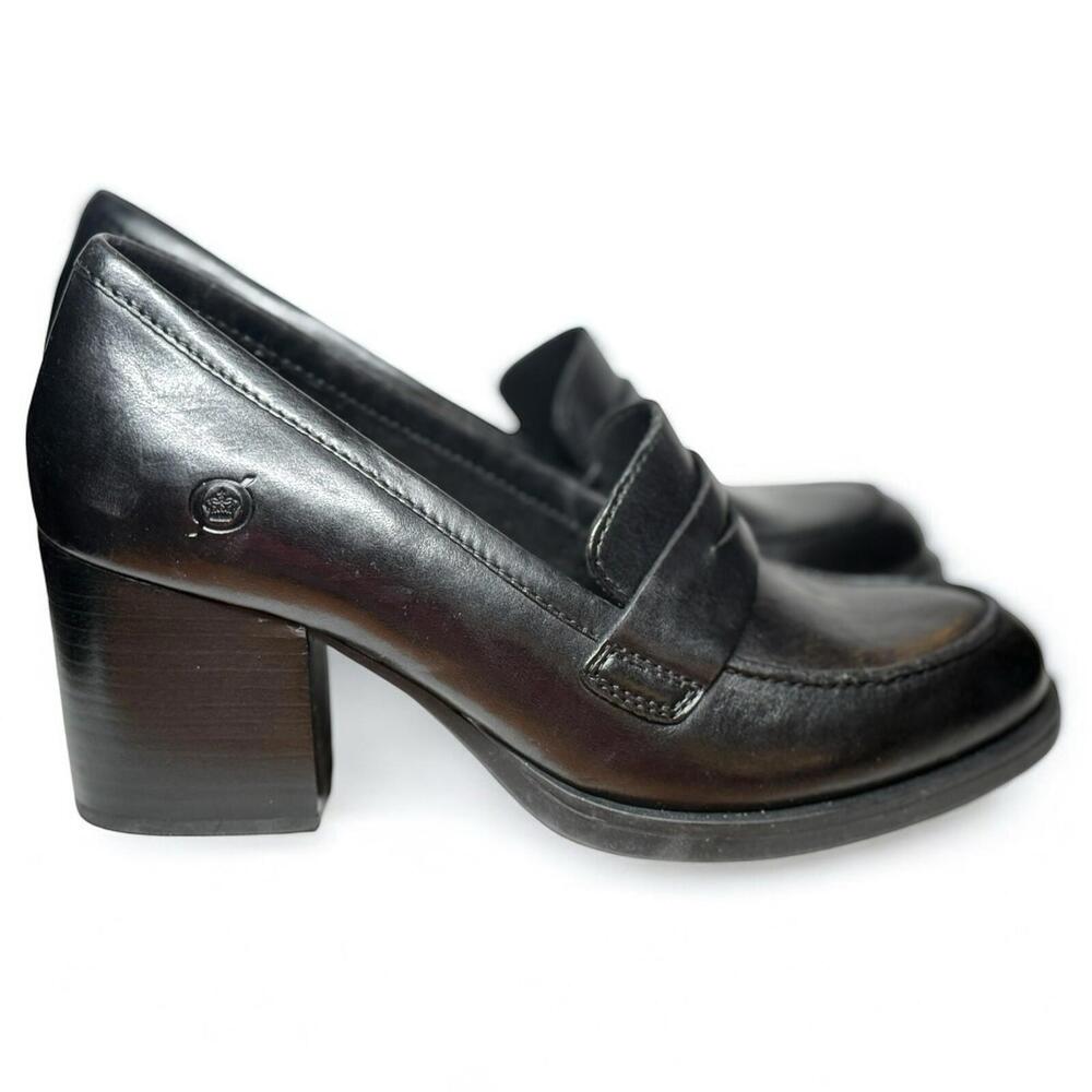Born Holliston Black Leather Loafer Heels Women’s Size 7 Lk Nw Condition